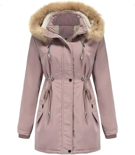 LM | long coat with faux fur hood and fleece lining