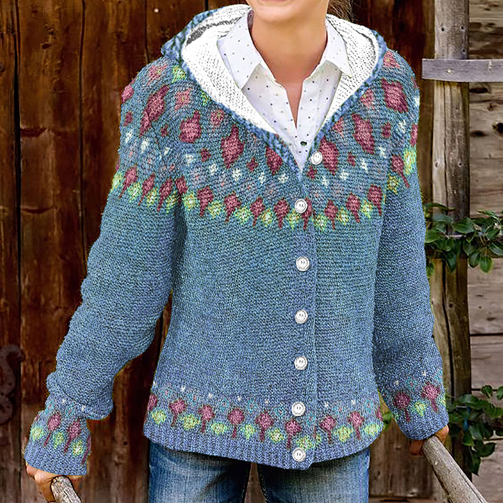 Fairman Island Geometric Contrast Print Button Knit Cardigan elevenforest