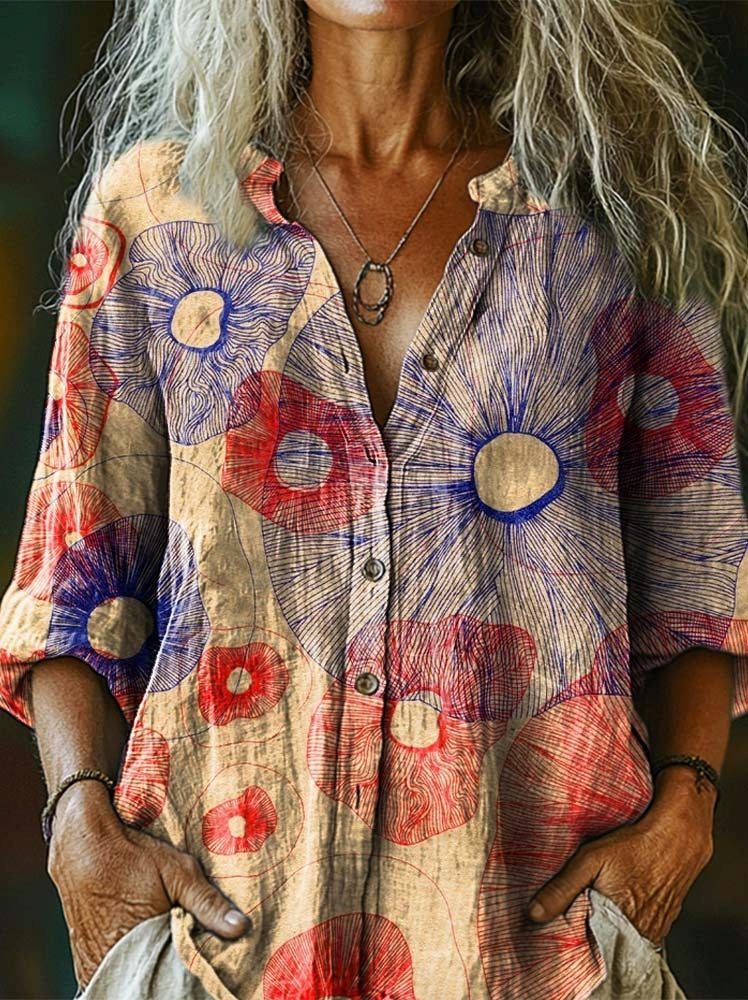 Women's Bohemian Vintage Floral Art Print Casual Cotton Linen Shirt