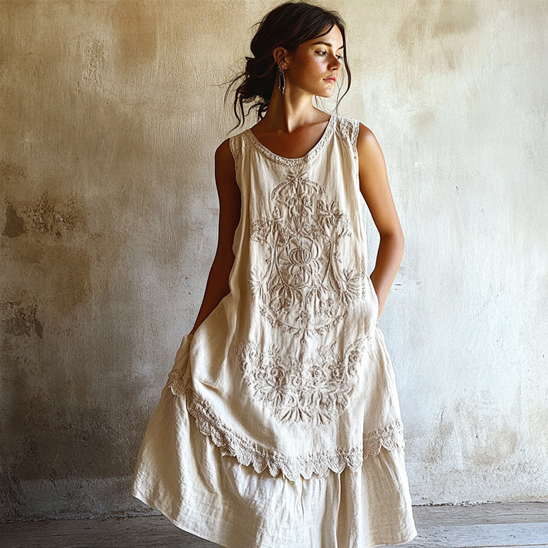 Vintage Floral Lace Art Linen Comfy Tank Dress artswardrobe