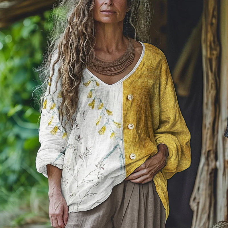 Cottage Floral Contrast Color Patchwork Linen Tunic artswardrobe