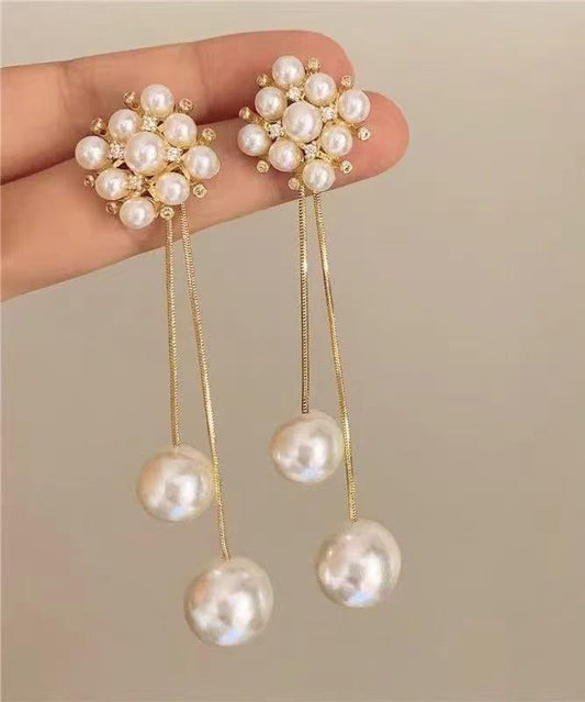Stylish Gold Copper Overgild Zircon Pearl Tassel Drop Earrings