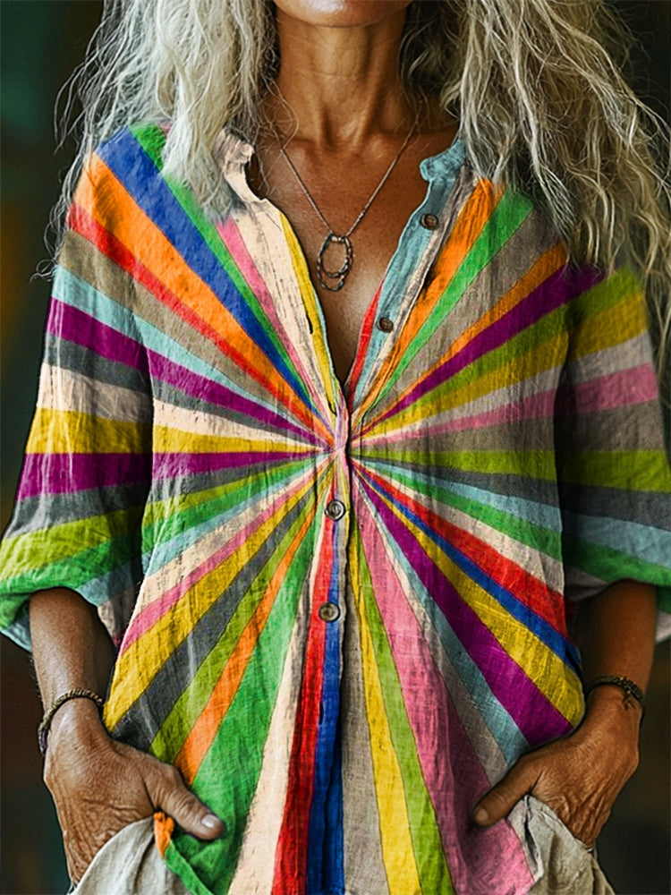 Women's Colorful Patchwork Pattern Art Print Linen Cotton Casual Shirt