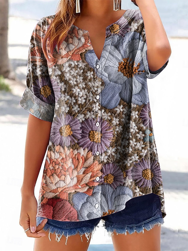 Women's Floral Pattern Art Print Cotton Linen Casual Shirt