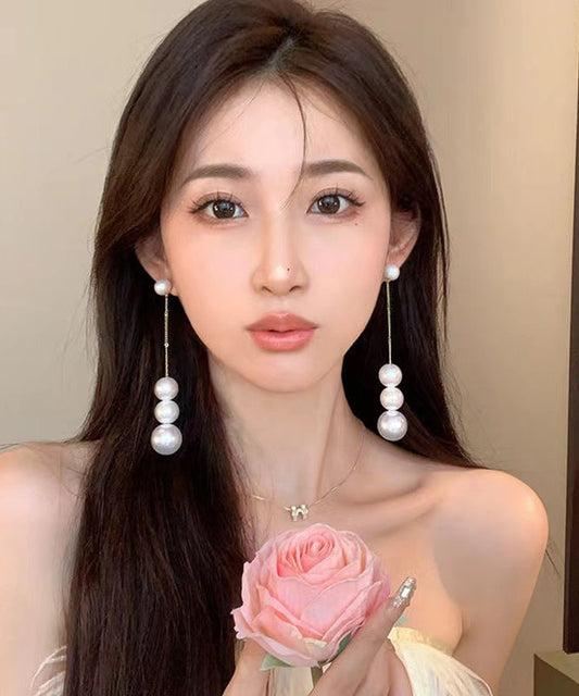 White Sterling Silver Overgild Pearl Tassel Drop Earrings