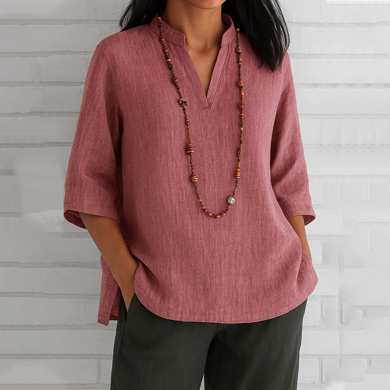 Comstylish Vintage Solid Color V-neck Linen Blend Shirt