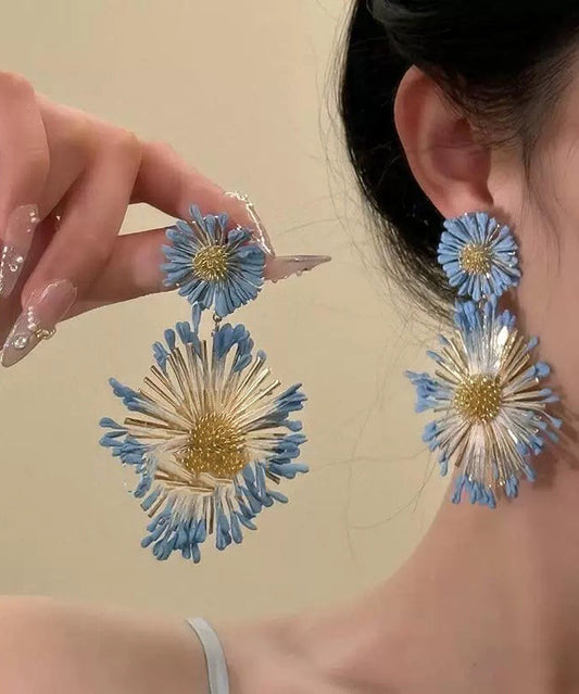 Blue Copper Alloy Sunflower Drop Earrings