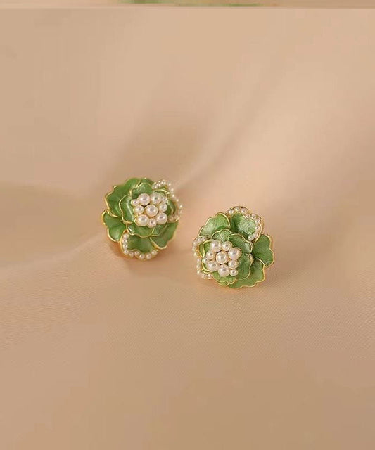 Green Sterling Silver Copper Pearl Stud Earrings
