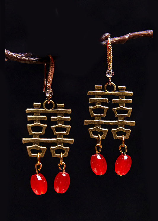 Handmade Xi Character Copper Wedding Drop Earrings