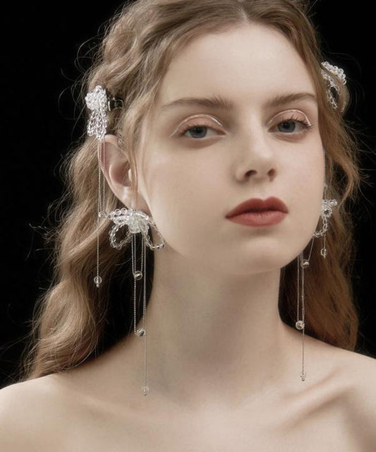 White Alloy Crystal Butterfly Tassel Drop Earrings