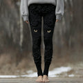 Comstylish Vintage Cute Cat Face With Roses Art Embroidered Cozy Knit Leggings