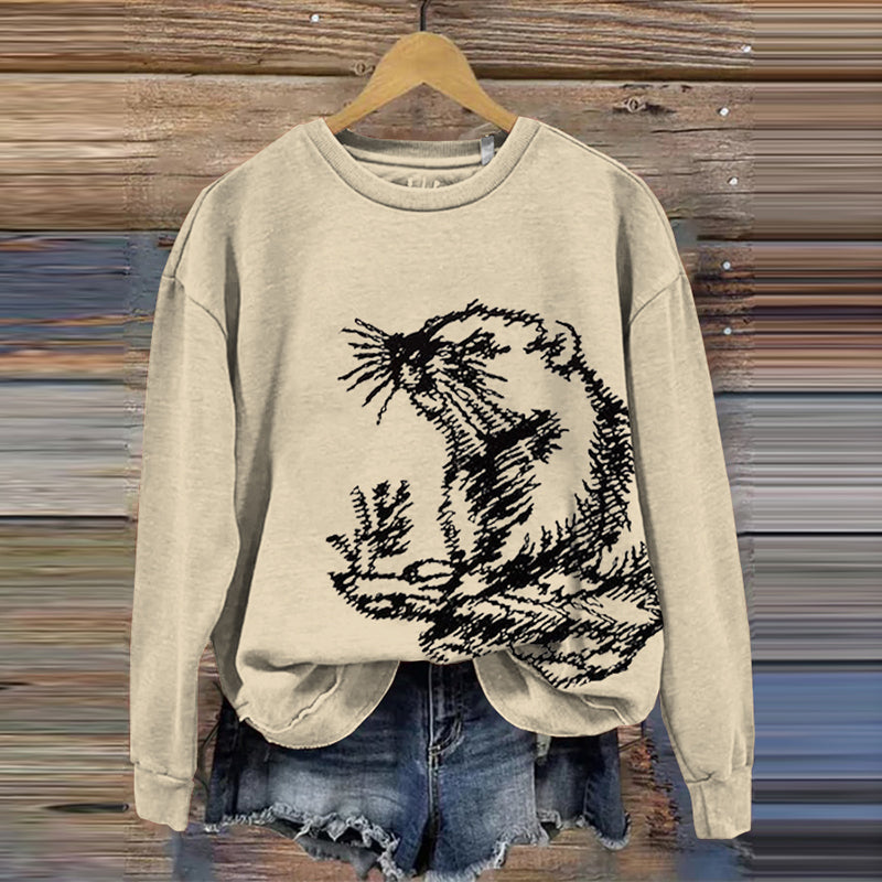 Women's Beaver Embroidered Crew Neck Long Sleeved Casual Sweatshirt elevenforest