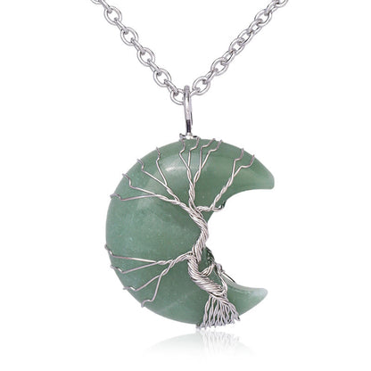Buddha Stones Natural Quartz Crystal Moon Tree of Life Healing Energy Necklace Pendant