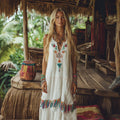 Bohemian Floral Embroidery Tassel Art Sleeveless Cozy Linen Maxi Dress artswardrobe