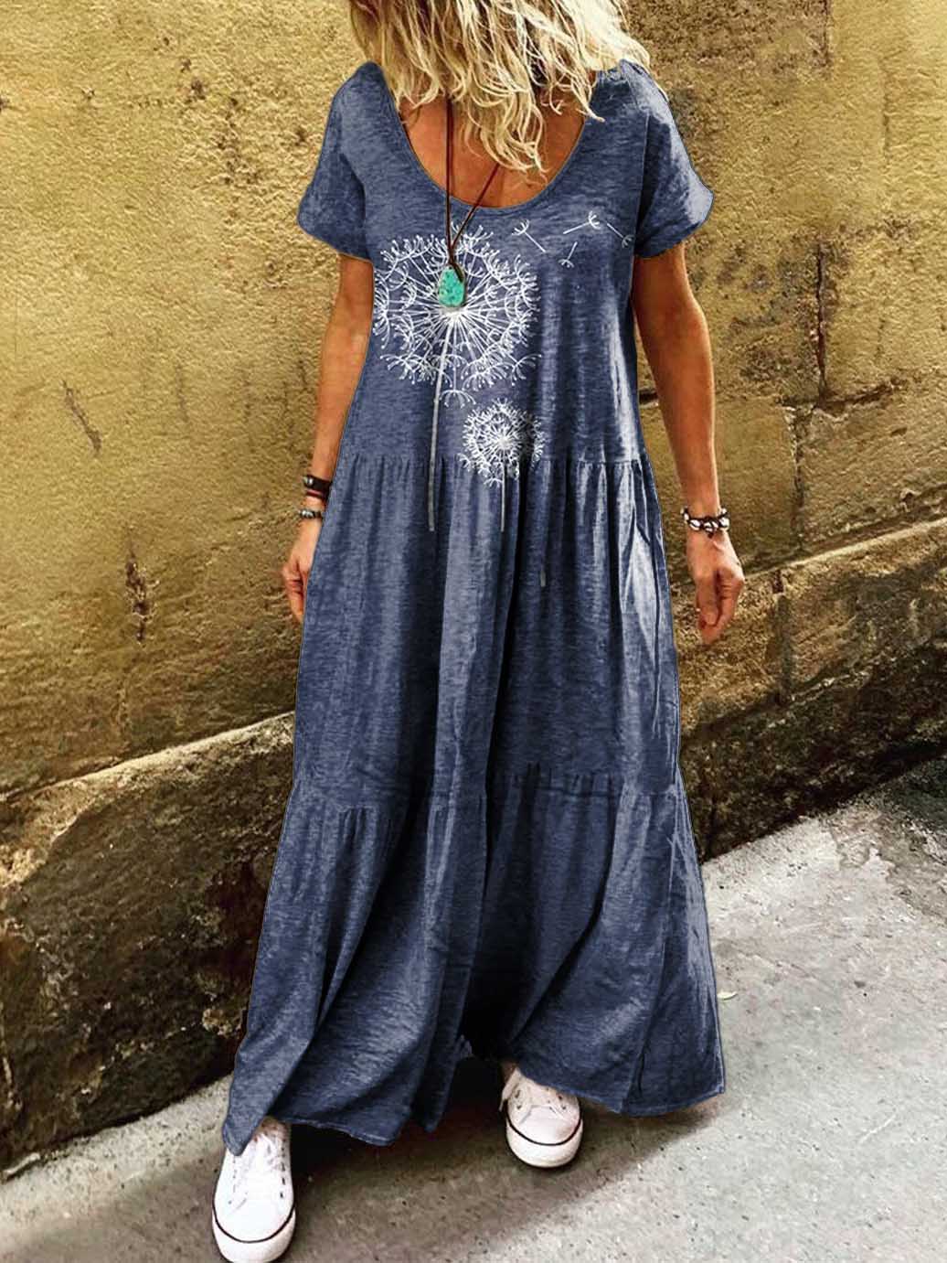 Women's Dandelion Pattern Art Print Pocket Short Sleeve Cotton Dress