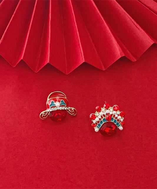 Red Zircon Crystal Pearl Asymmetric Design Peking Opera Mask Stud Earrings