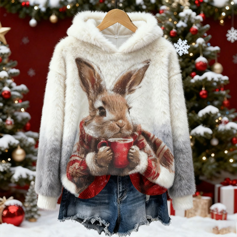 Comstylish Women's Tea Drink Rabbit Pattern Cozy Plush Hoodie