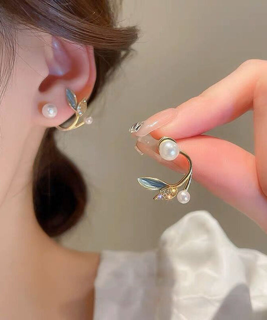 Gold Sterling Silver Alloy Zircon Pearl Leaves Hoop Earrings
