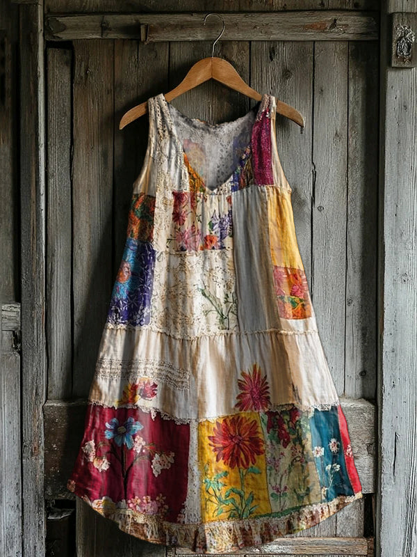 Women's Vintage Floral Collage Art Print V-neck Pocket Cotton Dress
