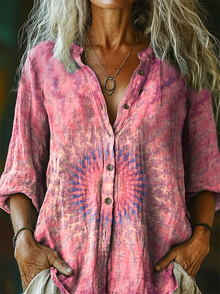 Women's Vintage Tie Dye Art Print Casual Cotton And Linen Shirt