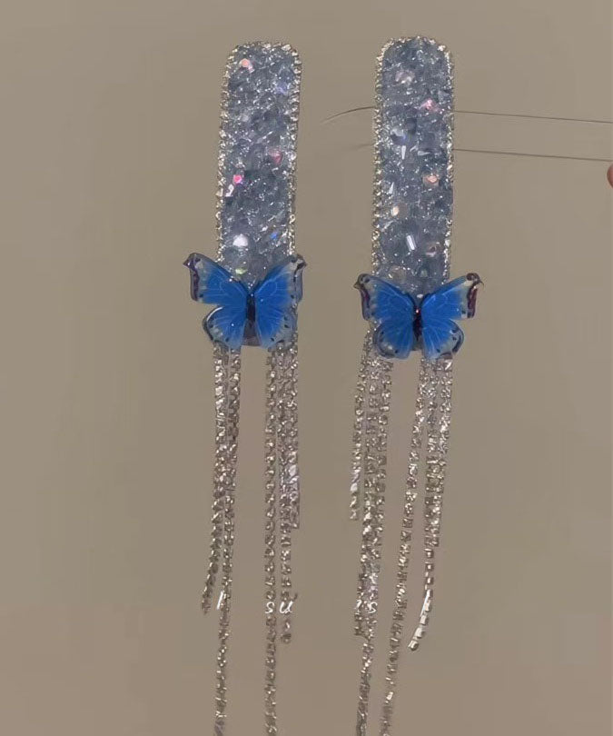Blue Alloy Zircon Butterfly Tassel a Pair Hairpin