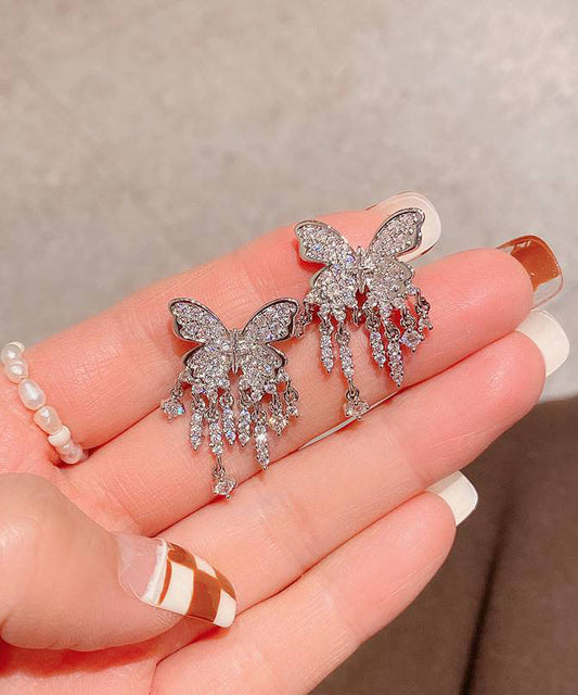 White Sterling Silver Alloy Zircon Butterfly Tassel Drop Earrings