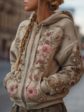 Comstylish Bohemian Style Pink Flower Embroidery Hooded Long Sleeve Jacket With Zipper
