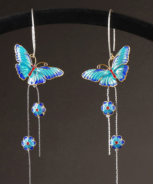 Blue Sterling Silver Cloisonne Butterfly Drop Earrings