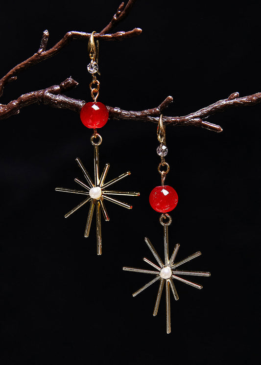 Red Gem Stone Fireworks Shape Drop Earrings