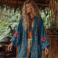 Classic Bohemian Floral Art Embroidery Print Cotton And Linen Blend Kimono Cardigan artswardrobe