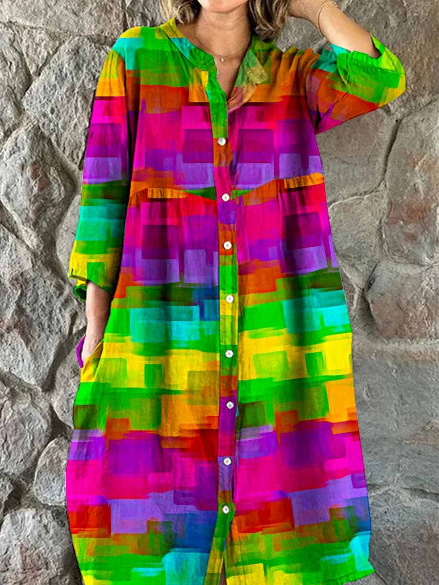 Women's Rainbow Plaid Brushstroke Pattern Shirt Cotton And Linen Dress