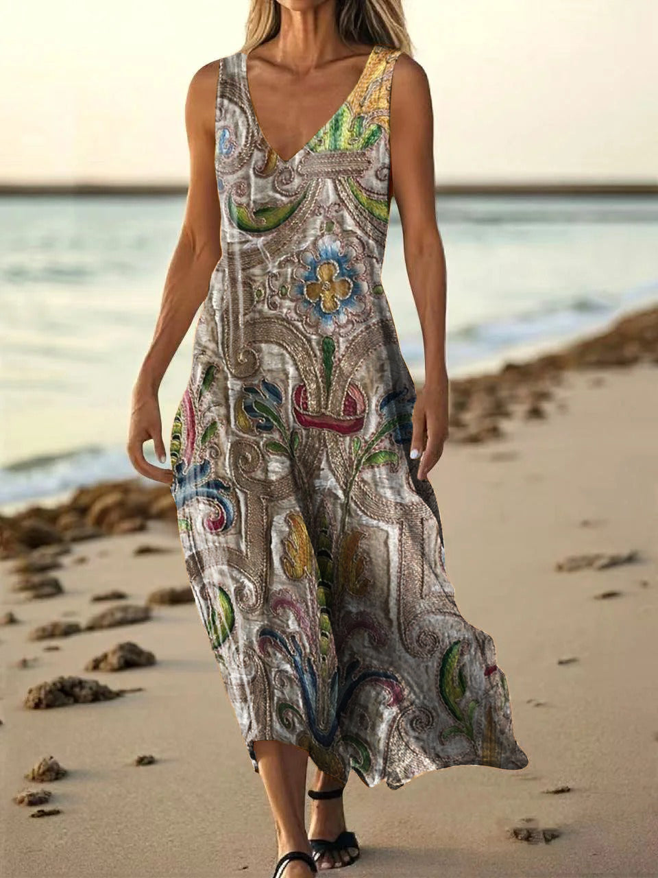 Women's Vintage Ethnic Floral Art Print Pocket Cotton Dress