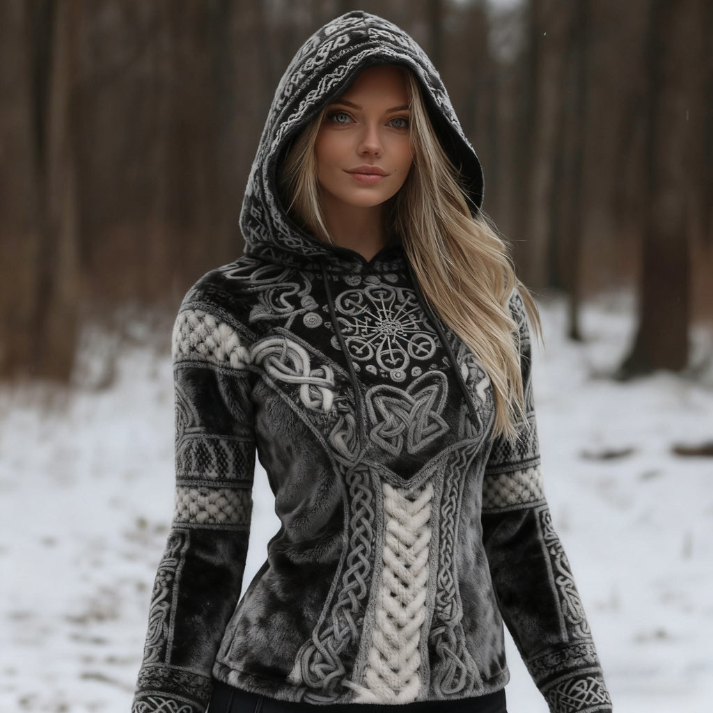 Comstylish Women's Vintage Viking Celtic Knot Vigvihil Rune Plush Hoodie