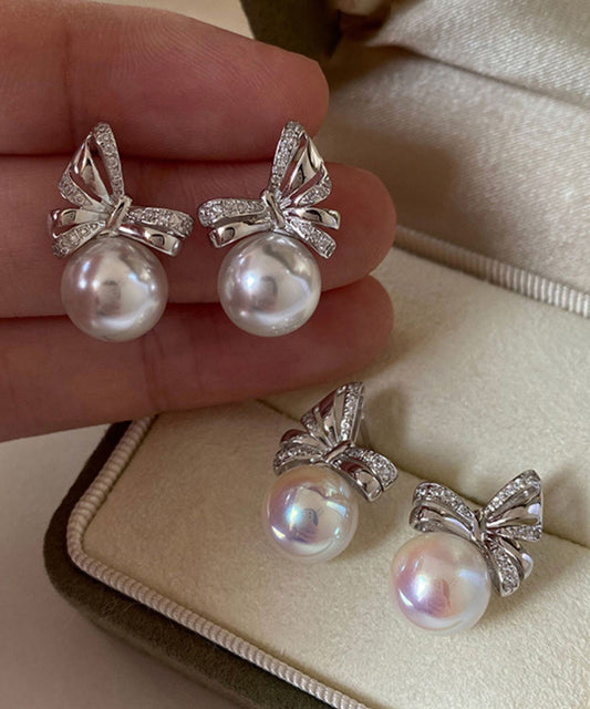 White Bow Pearl Silver Stud Earrings