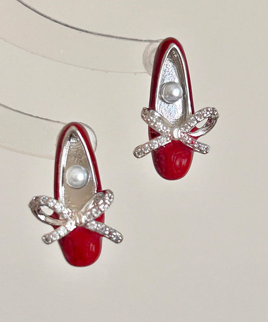Red Copper Alloy Bow Pearl Ballet Shoes Stud Earrings