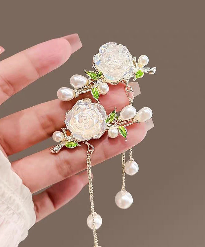 White Alloy Colored Glaze Camellia Pearl Tassel a Pair Hairpin