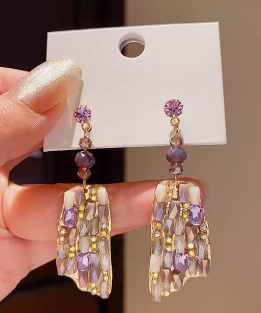 Purple Copper Alloy Crystal Drop Earrings
