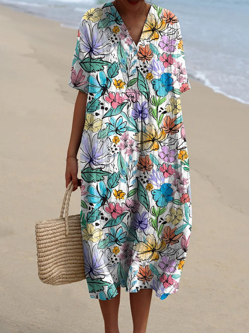 Watercolor Vibrant Floral Field Pattern Printed Women's Flowy Dress