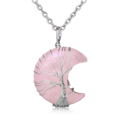 Buddha Stones Natural Quartz Crystal Moon Tree of Life Healing Energy Necklace Pendant