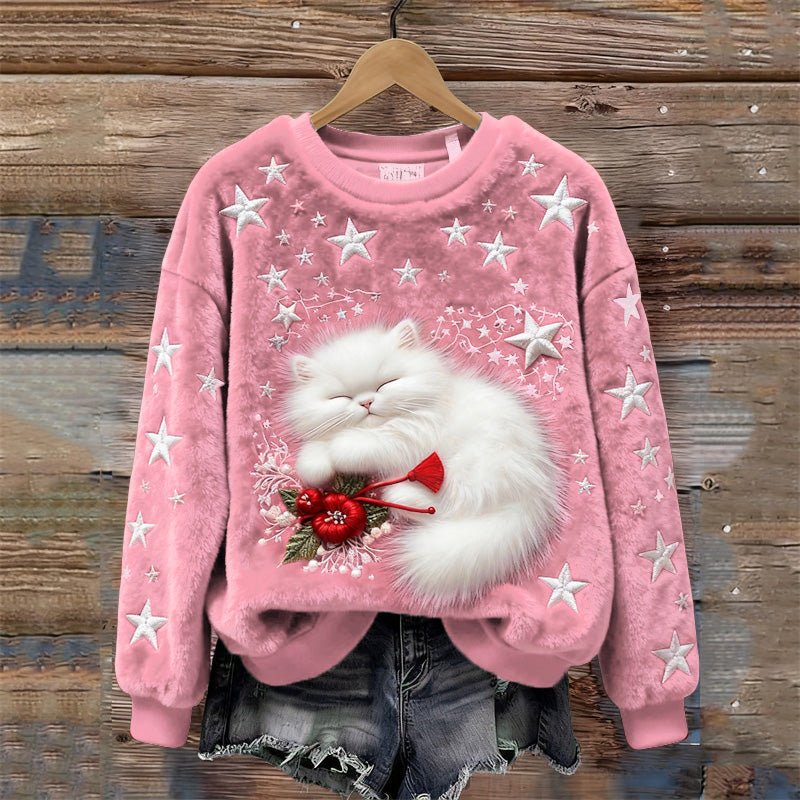Comstylish Christmas Sleeping Fuzzy Cat Stars Embroidered Cozy Plush Sweatshirt