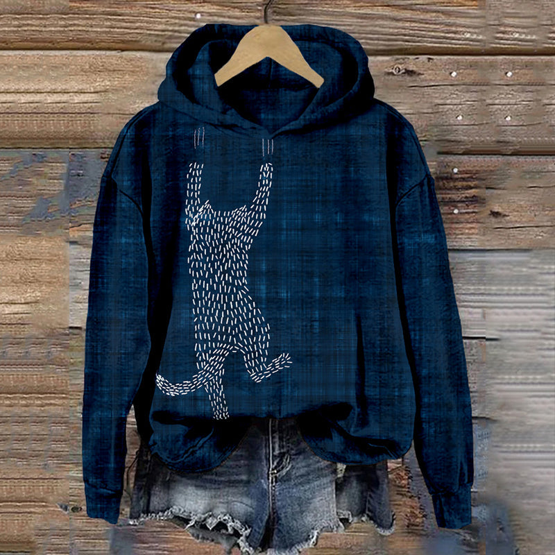 Cute Sashiko Cat Japanese Art Comfy Hoodie elevenforest