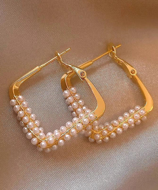 Gold Sterling Silver Overgild Inlaid Pearl Square Hoop Earrings