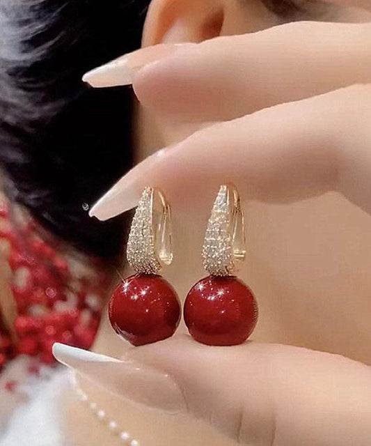 Diy Red Copper Overgild Zircon Pearl Drop Earrings