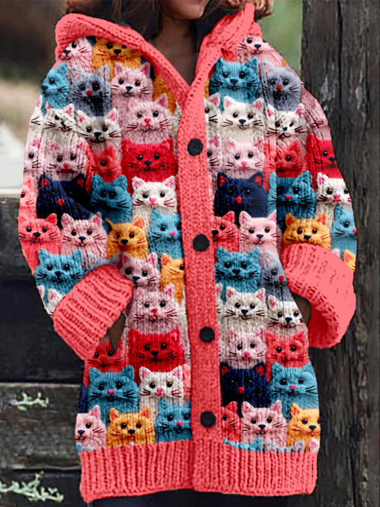 LM | Knitted coat with button placket and playful cat print