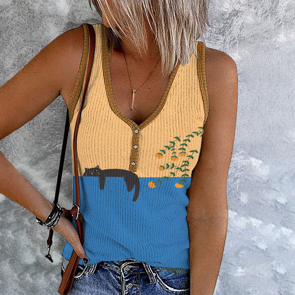 Abstract Creative Lazy Black Cat Painting Art Contrast Tank Top elevenforest