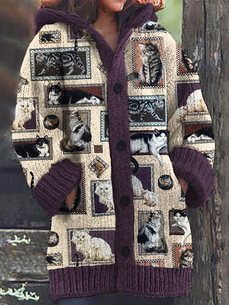 Cats In Picture Frames Women's Hooded Sweater Cardigan elevenforest