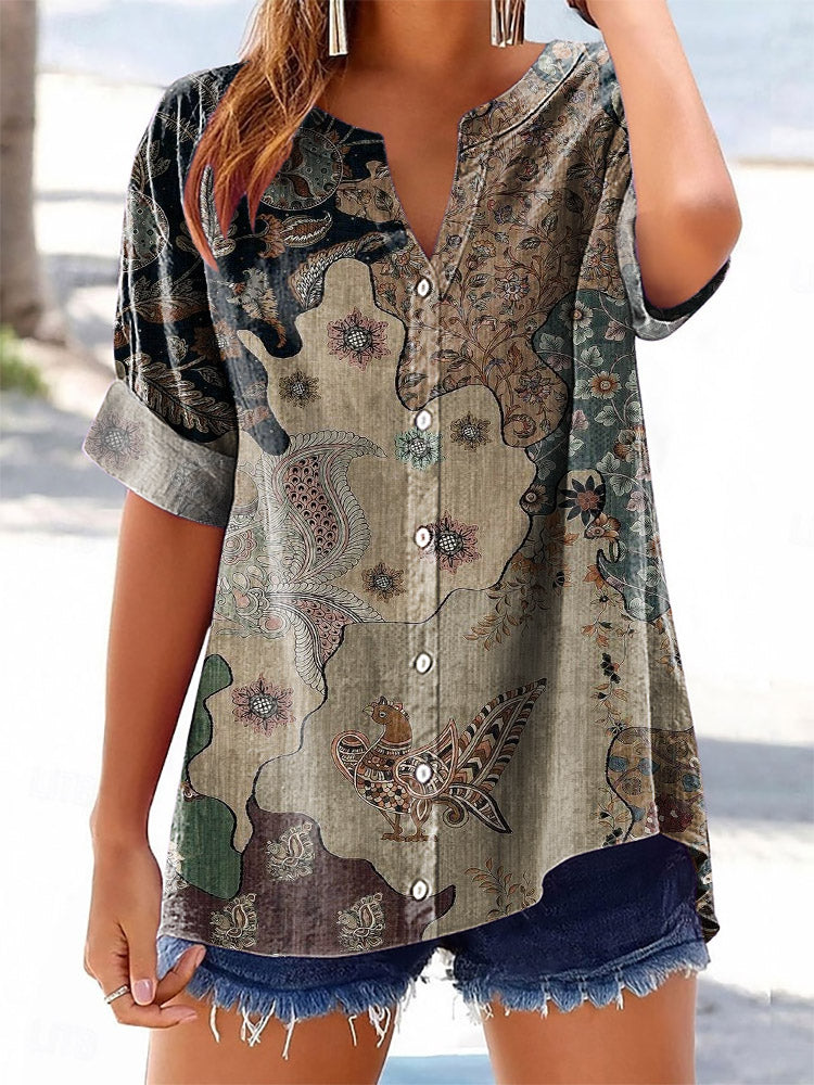 Women's Retro Folk Art Flower Print Casual Cotton And Linen Shirt
