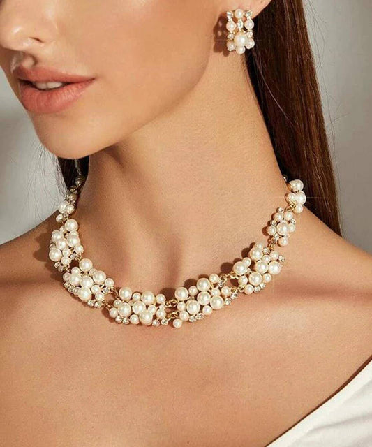 Stylish White Zircon Pearl Necklaces Set Earrings Jewelry