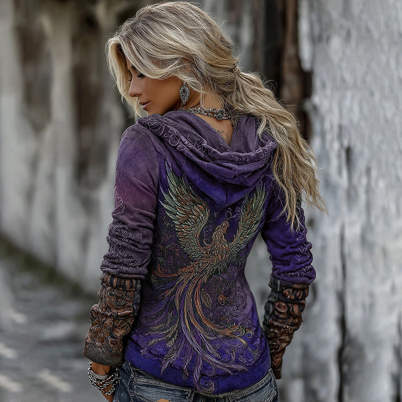 Comstylish Women's Viking Mythology Phoenix Embroidery Comfortable Warm V-neck Hoodie
