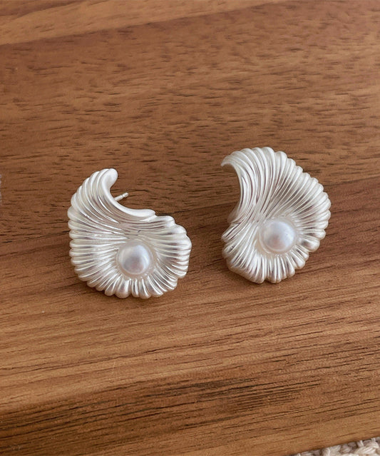 Fine Silk Copper Asymmetrical Fan-shaped Pearl Stud Earrings